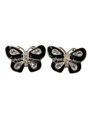 Trifari Black Enamel & Crystals Butterfly Designer Signed Post Earrings Vintage
